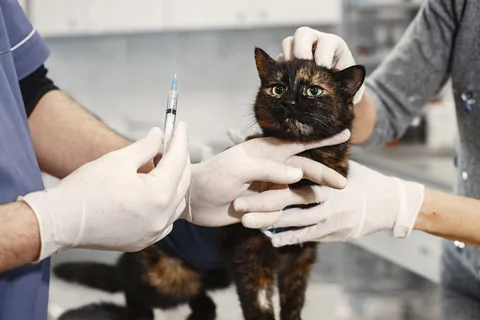 Veterinář v rukavicích očkuje kočku v ordinaci